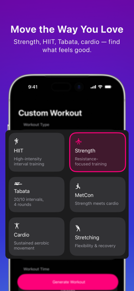 Fitlytics App Workout Type Selection Screen